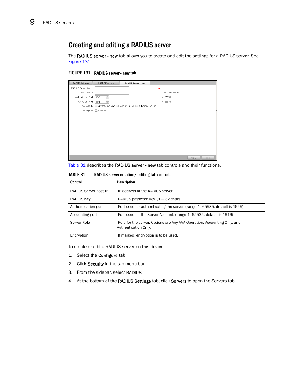 Creating and editing a radius server, Creating, And editing a radius server | Creating and editing a, Radius server | Brocade Virtual ADX Graphical User Interface Guide (Supporting ADX v03.1.00) User Manual | Page 178 / 330