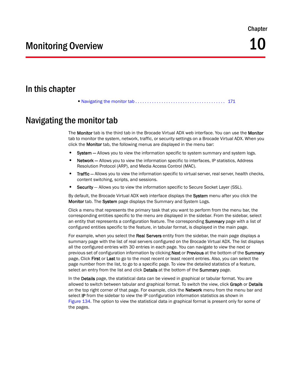 Monitoring overview, Navigating the monitor tab, Chapter 10 | Brocade Virtual ADX Graphical User Interface Guide (Supporting ADX v03.1.00) User Manual | Page 183 / 330