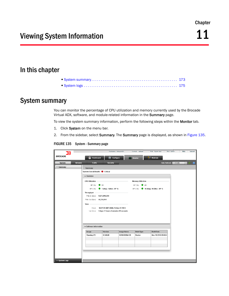 Viewing system information, System summary, Chapter 11 | Brocade Virtual ADX Graphical User Interface Guide (Supporting ADX v03.1.00) User Manual | Page 185 / 330