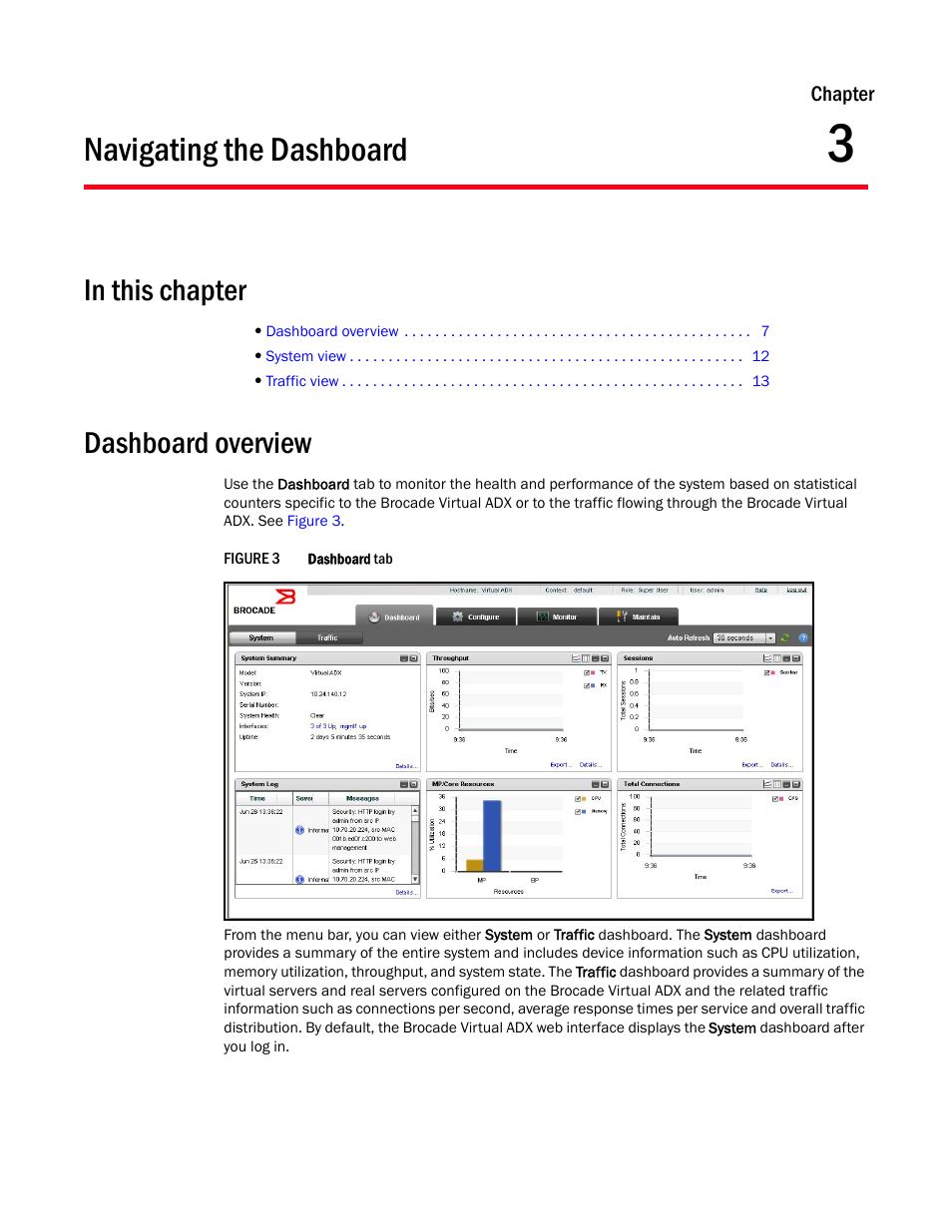 Navigating the dashboard, Dashboard overview, Chapter 3 | Brocade Virtual ADX Graphical User Interface Guide (Supporting ADX v03.1.00) User Manual | Page 19 / 330