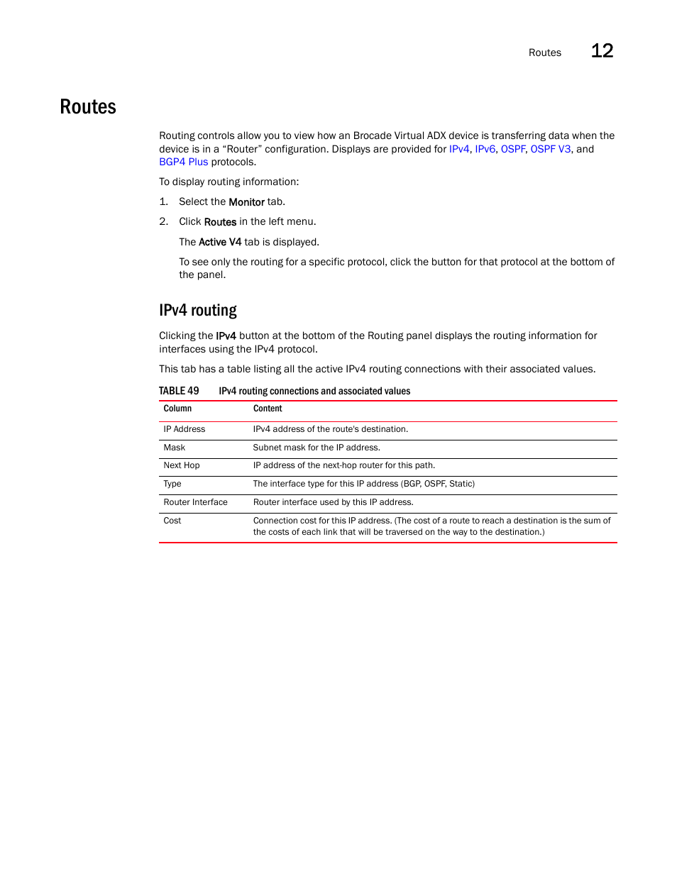 Routes, Ipv4 routing | Brocade Virtual ADX Graphical User Interface Guide (Supporting ADX v03.1.00) User Manual | Page 203 / 330