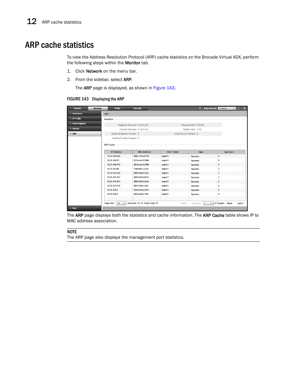 Arp cache statistics | Brocade Virtual ADX Graphical User Interface Guide (Supporting ADX v03.1.00) User Manual | Page 210 / 330