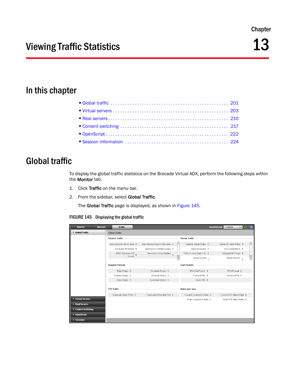 Viewing traffic statistics, Global traffic, Chapter 13 | Brocade Virtual ADX Graphical User Interface Guide (Supporting ADX v03.1.00) User Manual | Page 213 / 330