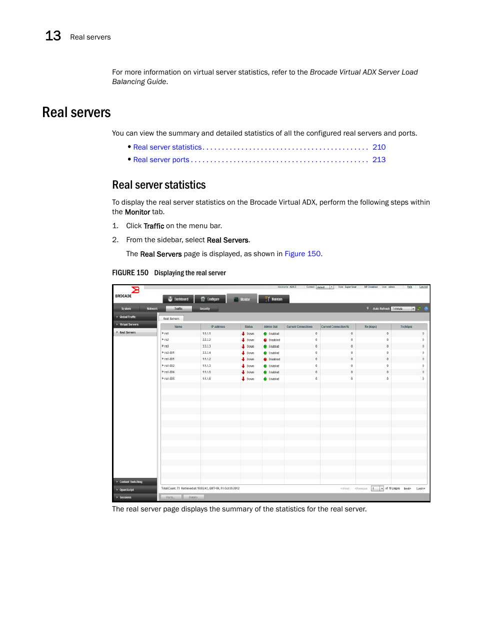 Real servers, Real server statistics | Brocade Virtual ADX Graphical User Interface Guide (Supporting ADX v03.1.00) User Manual | Page 222 / 330