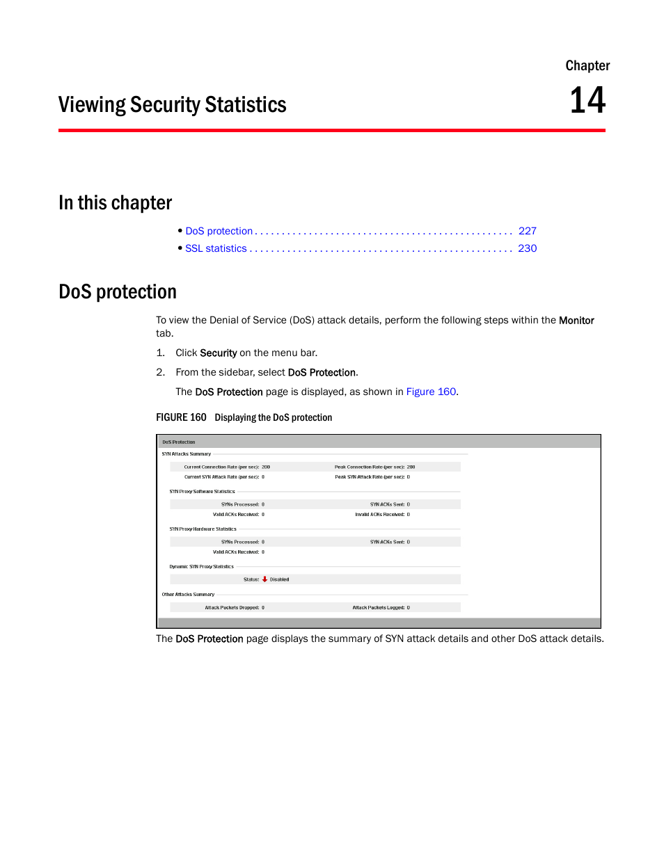 Viewing security statistics, Dos protection, Chapter 14 | Brocade Virtual ADX Graphical User Interface Guide (Supporting ADX v03.1.00) User Manual | Page 239 / 330