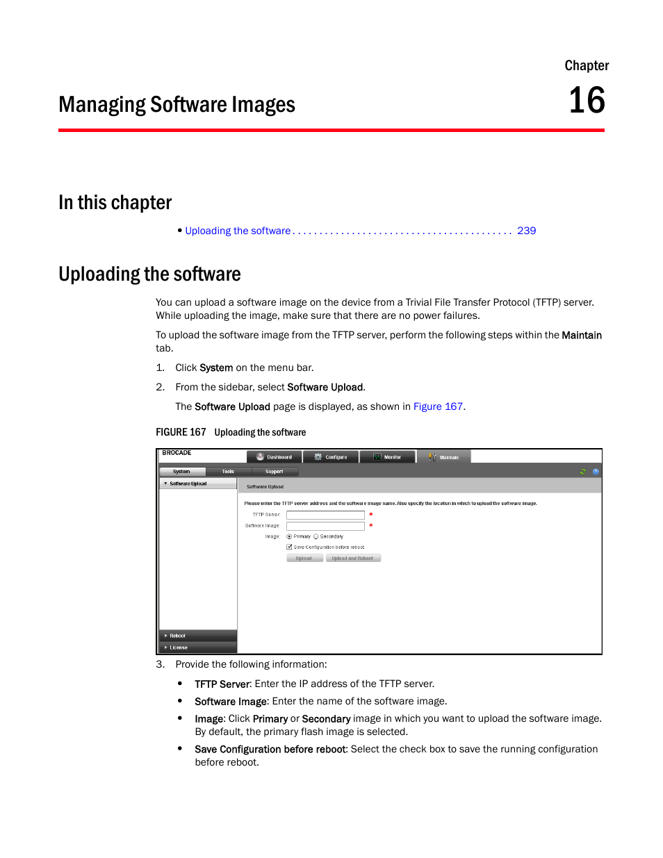 Managing software images, Uploading the software, Chapter 16 | Brocade Virtual ADX Graphical User Interface Guide (Supporting ADX v03.1.00) User Manual | Page 251 / 330