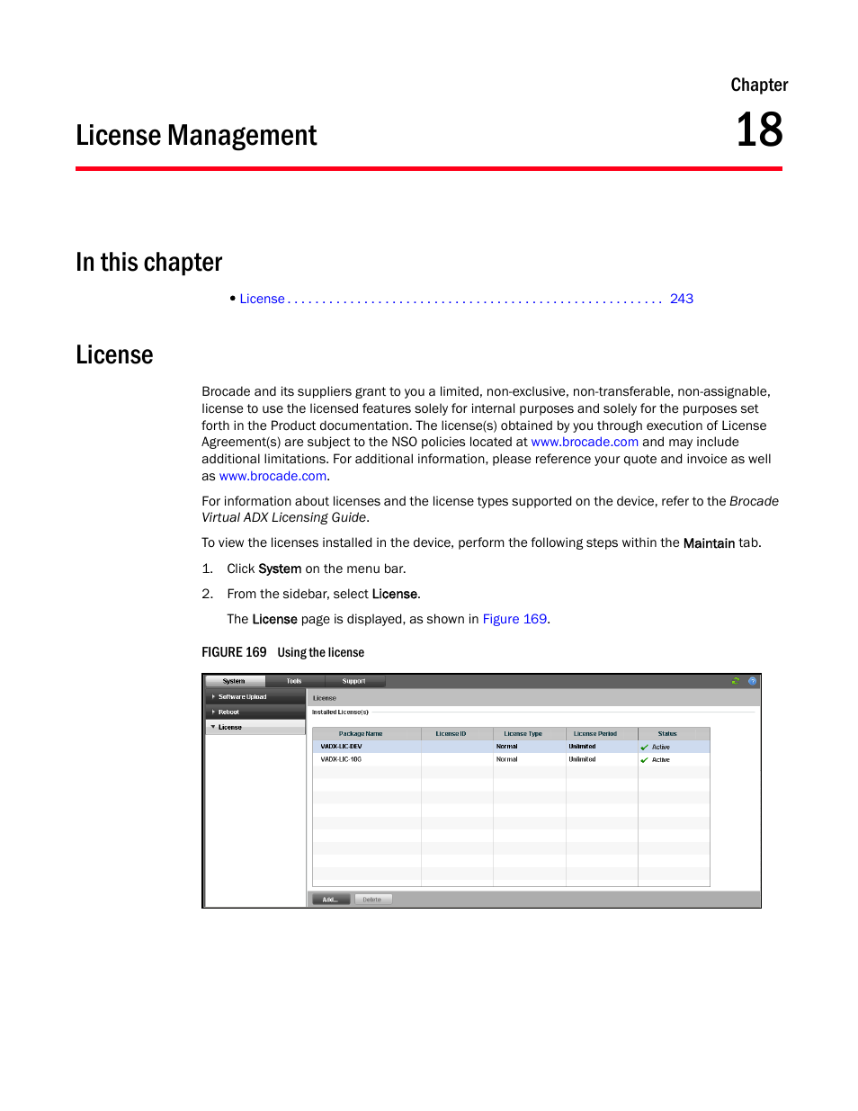 License management, License, Chapter 18 | Brocade Virtual ADX Graphical User Interface Guide (Supporting ADX v03.1.00) User Manual | Page 255 / 330