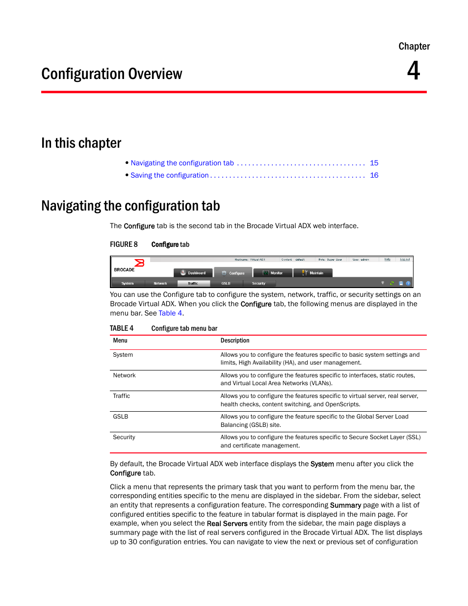 Configuration overview, Navigating the configuration tab, Chapter 4 | Navigating the configuration, Chapter | Brocade Virtual ADX Graphical User Interface Guide (Supporting ADX v03.1.00) User Manual | Page 27 / 330