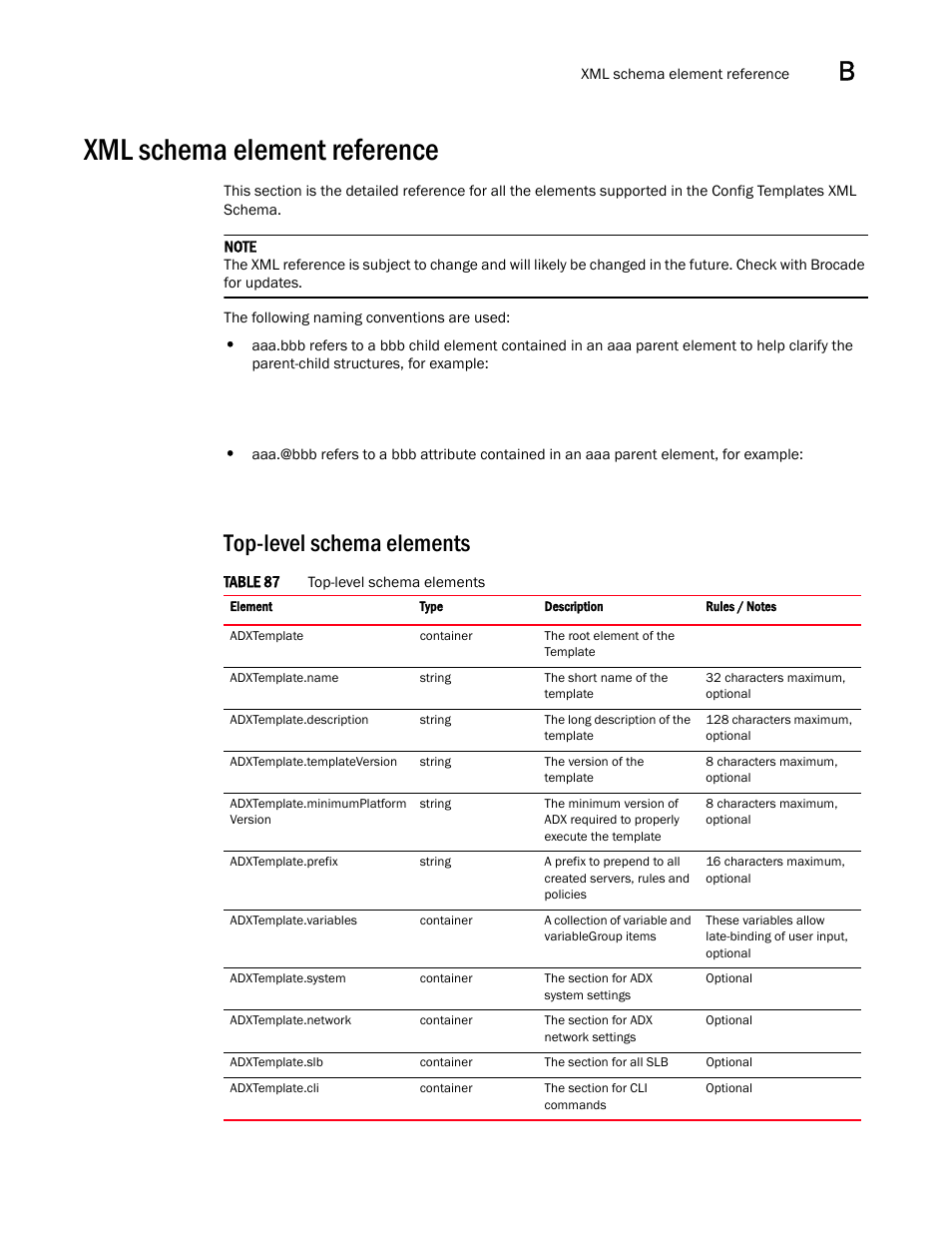 Xml schema element reference, Top-level schema elements | Brocade Virtual ADX Graphical User Interface Guide (Supporting ADX v03.1.00) User Manual | Page 275 / 330