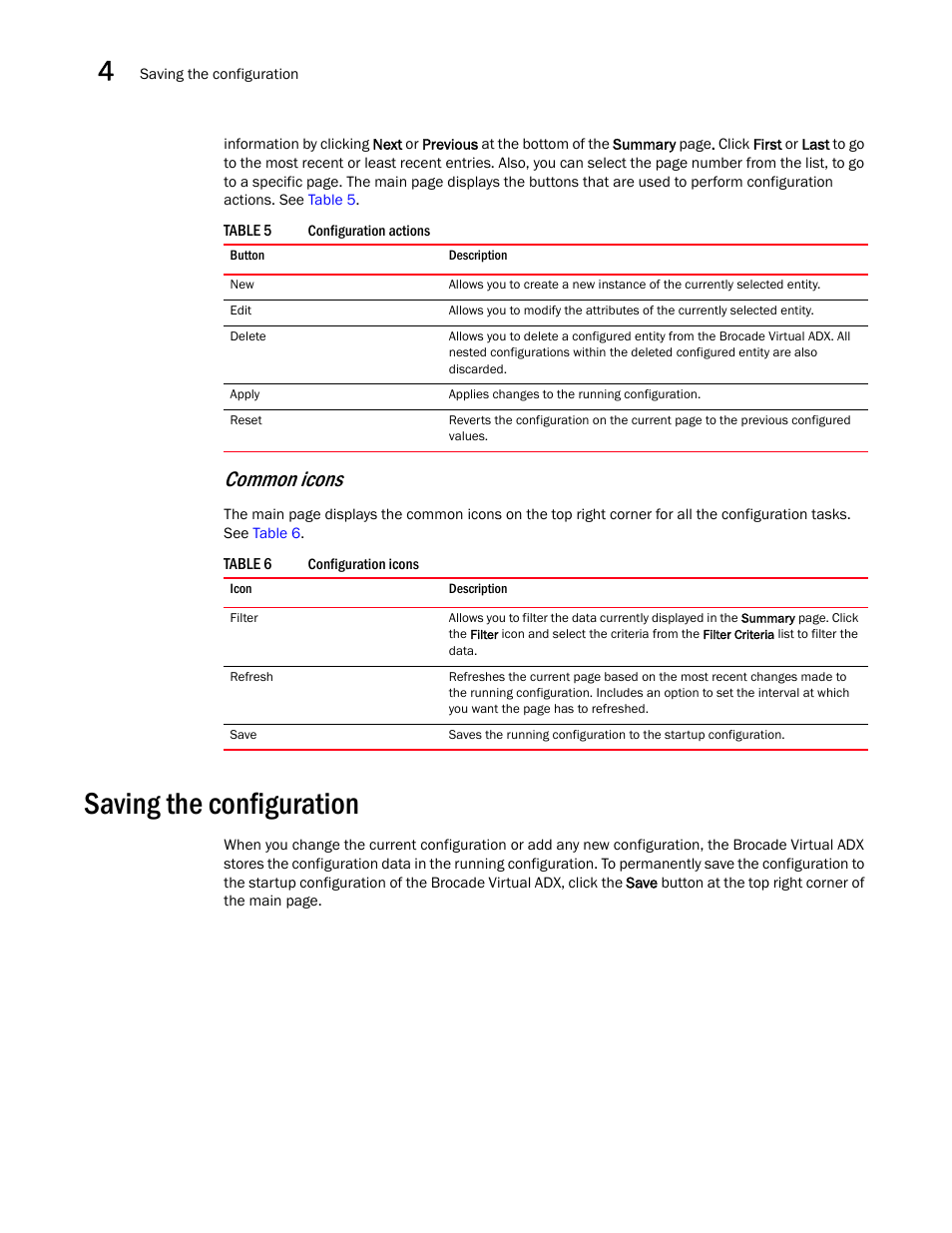 Saving the configuration, Common icons | Brocade Virtual ADX Graphical User Interface Guide (Supporting ADX v03.1.00) User Manual | Page 28 / 330