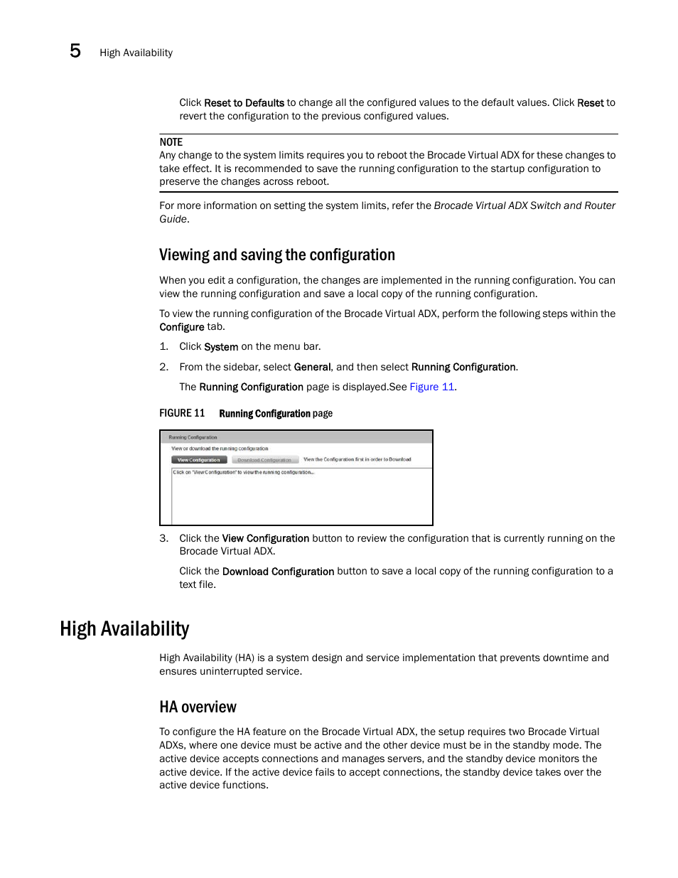 Viewing and saving the configuration, High availability, Ha overview | Brocade Virtual ADX Graphical User Interface Guide (Supporting ADX v03.1.00) User Manual | Page 32 / 330