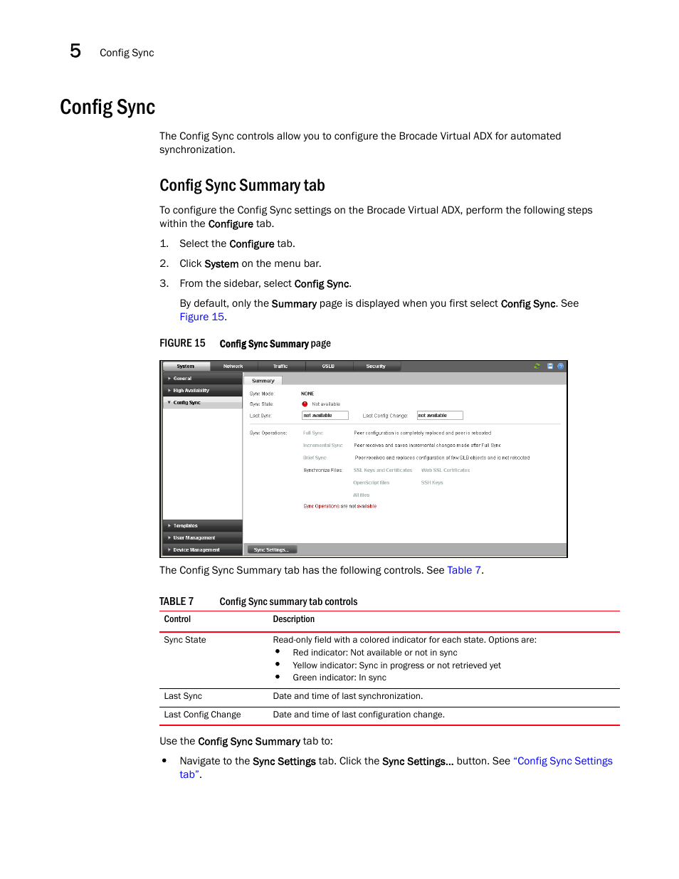 Config sync, Config sync summary tab | Brocade Virtual ADX Graphical User Interface Guide (Supporting ADX v03.1.00) User Manual | Page 36 / 330