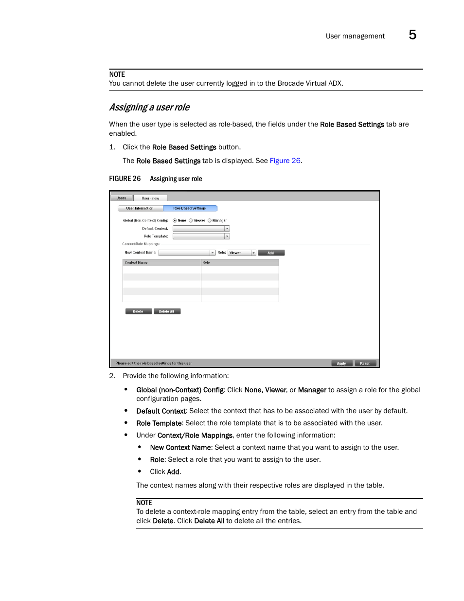 Assigning, A user role, Assigning a user role | Brocade Virtual ADX Graphical User Interface Guide (Supporting ADX v03.1.00) User Manual | Page 47 / 330