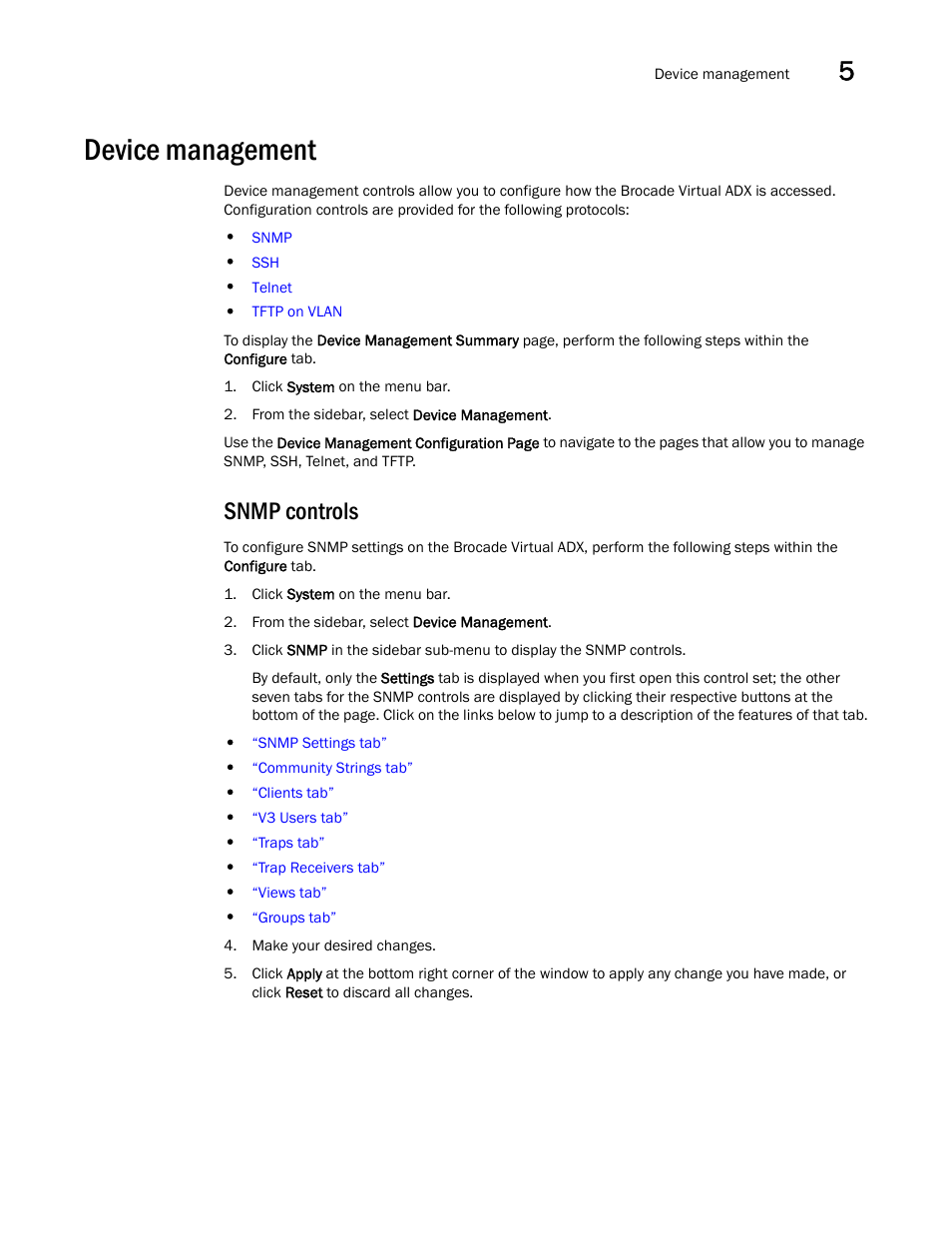 Device management, Snmp controls | Brocade Virtual ADX Graphical User Interface Guide (Supporting ADX v03.1.00) User Manual | Page 51 / 330