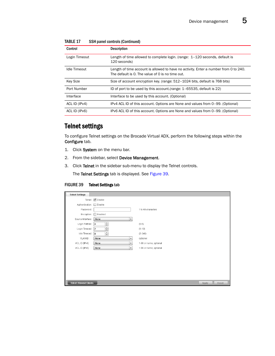 Telnet settings, Telnet | Brocade Virtual ADX Graphical User Interface Guide (Supporting ADX v03.1.00) User Manual | Page 63 / 330