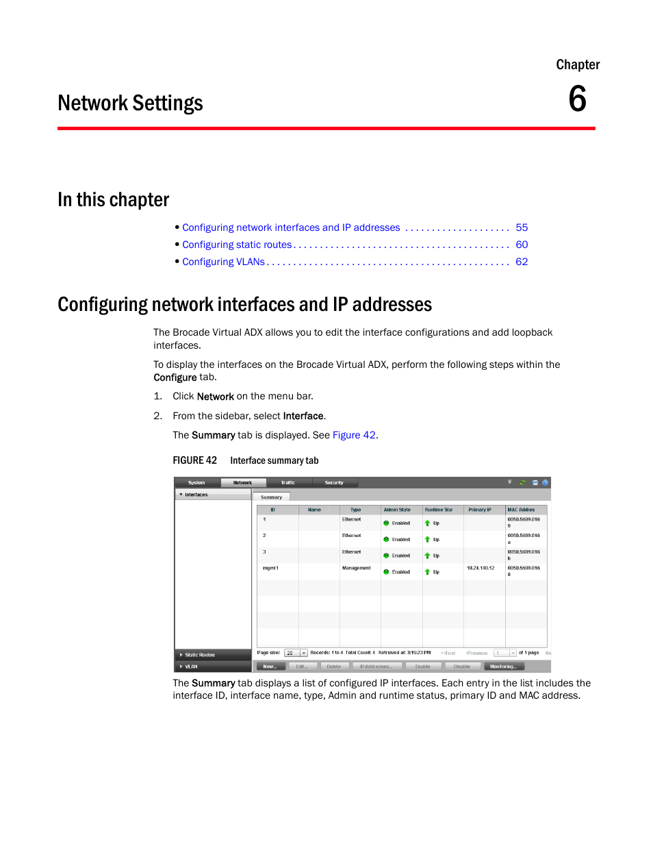 Network settings, Configuring network interfaces and ip addresses, Chapter 6 | Brocade Virtual ADX Graphical User Interface Guide (Supporting ADX v03.1.00) User Manual | Page 67 / 330