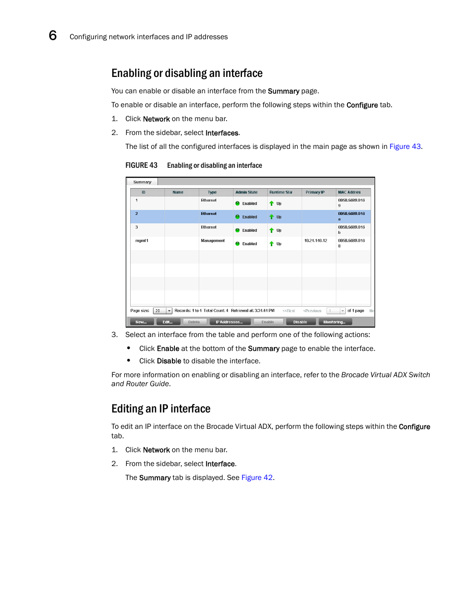 Editing an ip interface, Enabling or disabling an interface | Brocade Virtual ADX Graphical User Interface Guide (Supporting ADX v03.1.00) User Manual | Page 68 / 330