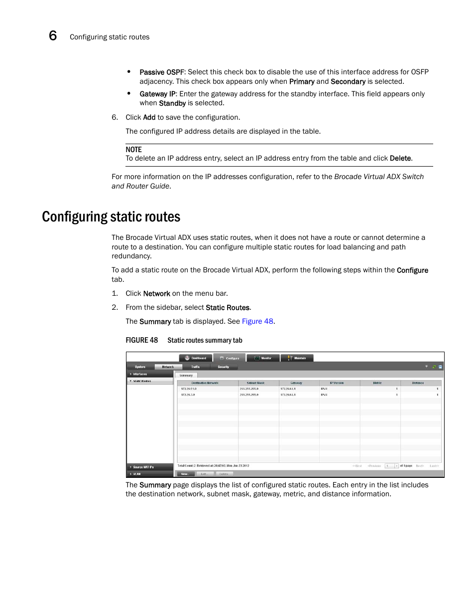 Configuring static routes | Brocade Virtual ADX Graphical User Interface Guide (Supporting ADX v03.1.00) User Manual | Page 72 / 330