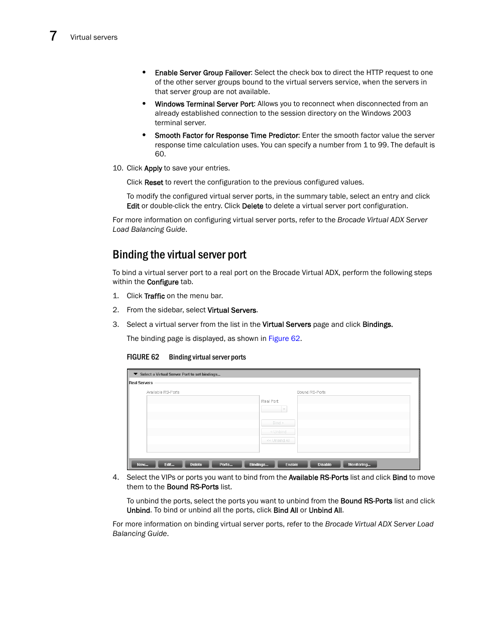 Binding the virtual server port | Brocade Virtual ADX Graphical User Interface Guide (Supporting ADX v03.1.00) User Manual | Page 88 / 330