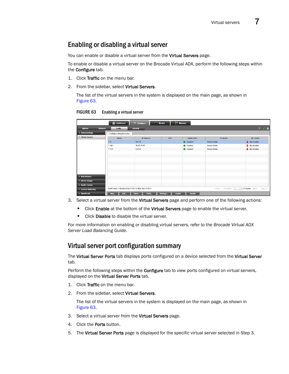 Enabling or disabling a virtual server, Virtual server port configuration summary | Brocade Virtual ADX Graphical User Interface Guide (Supporting ADX v03.1.00) User Manual | Page 89 / 330