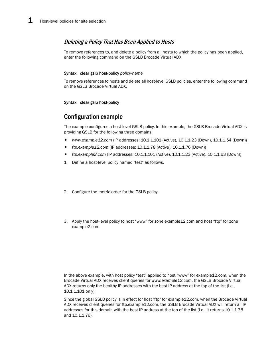 Configuration example, Deleting a policy that has been applied to hosts | Brocade Virtual ADX Global Server Load Balancing Guide (Supporting ADX v03.1.00) User Manual | Page 106 / 198