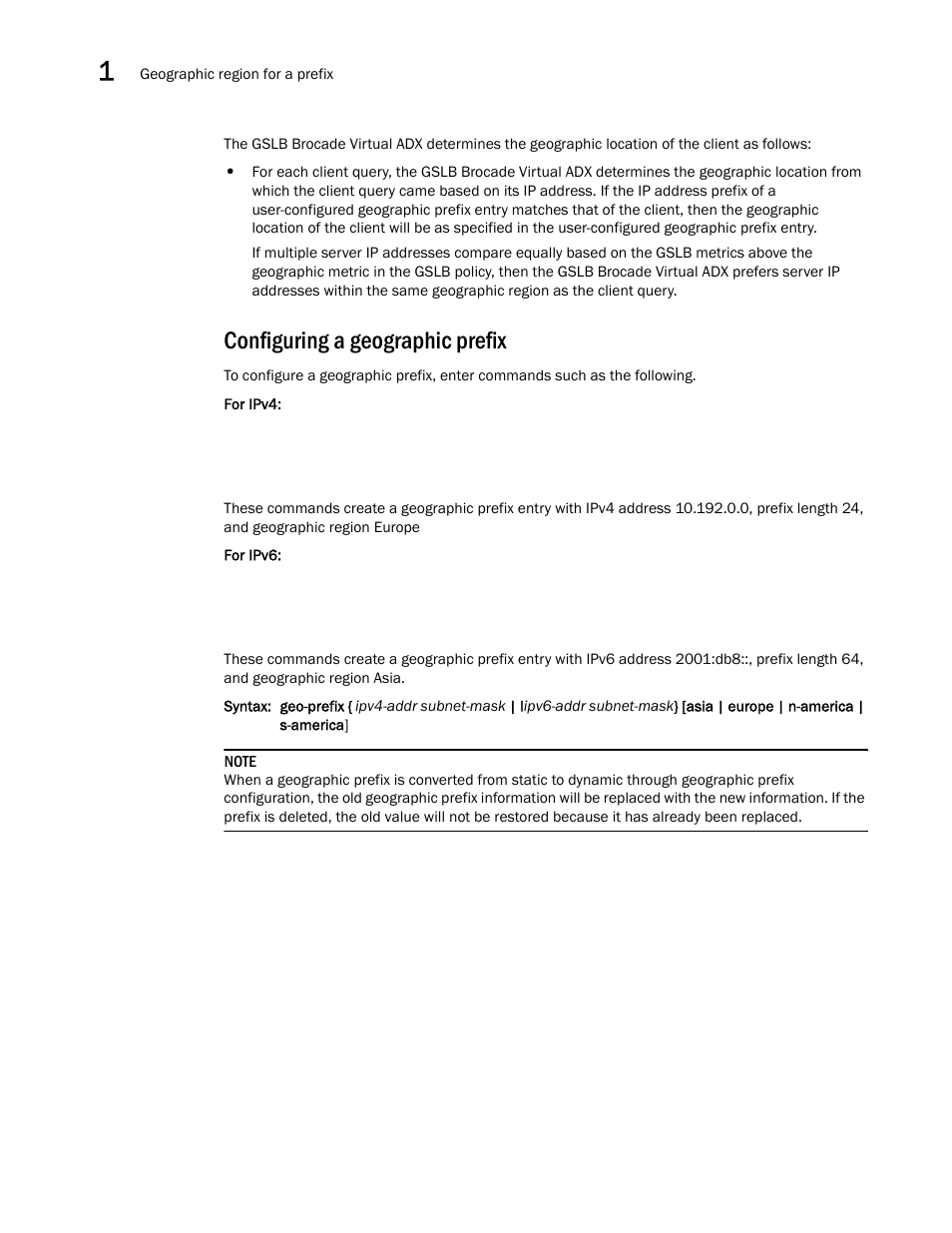 Configuring a geographic prefix | Brocade Virtual ADX Global Server Load Balancing Guide (Supporting ADX v03.1.00) User Manual | Page 108 / 198