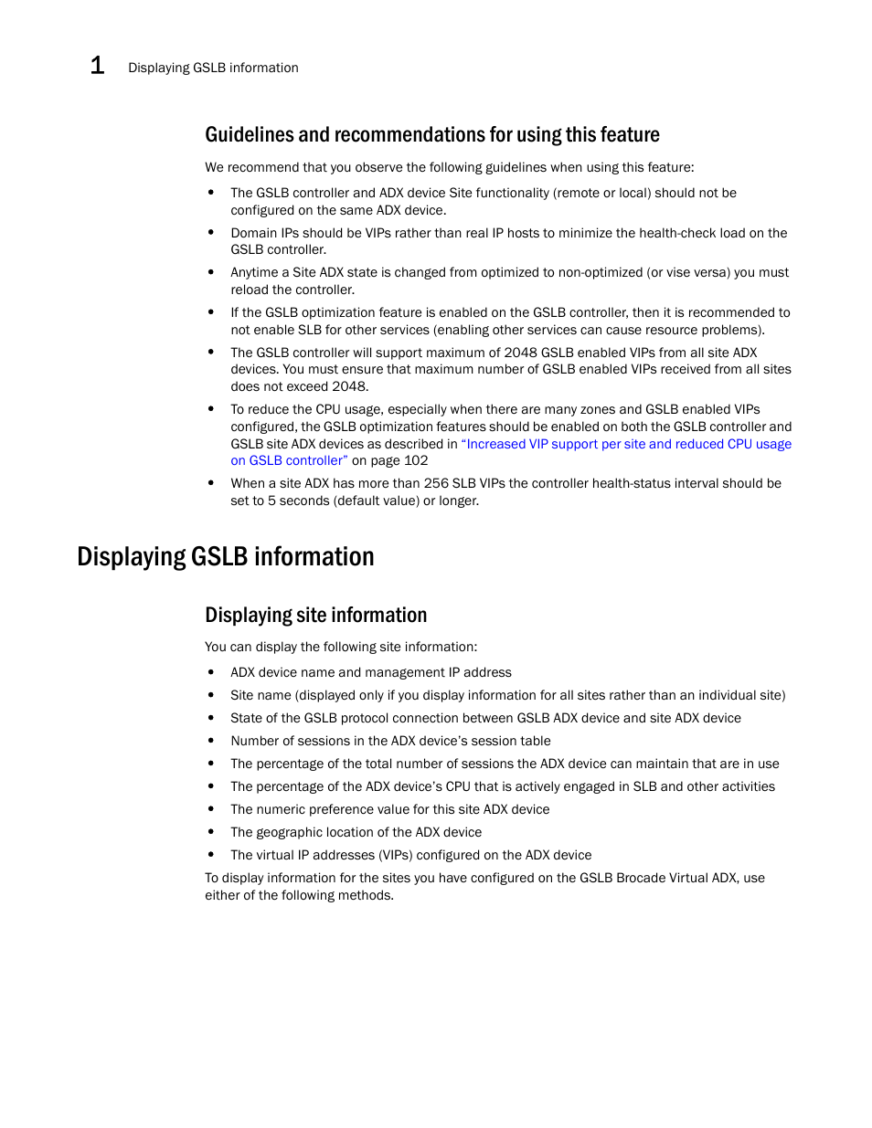 Displaying gslb information, Displaying site information | Brocade Virtual ADX Global Server Load Balancing Guide (Supporting ADX v03.1.00) User Manual | Page 114 / 198