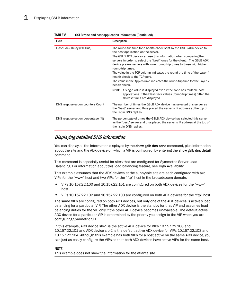 Displaying detailed dns information | Brocade Virtual ADX Global Server Load Balancing Guide (Supporting ADX v03.1.00) User Manual | Page 122 / 198