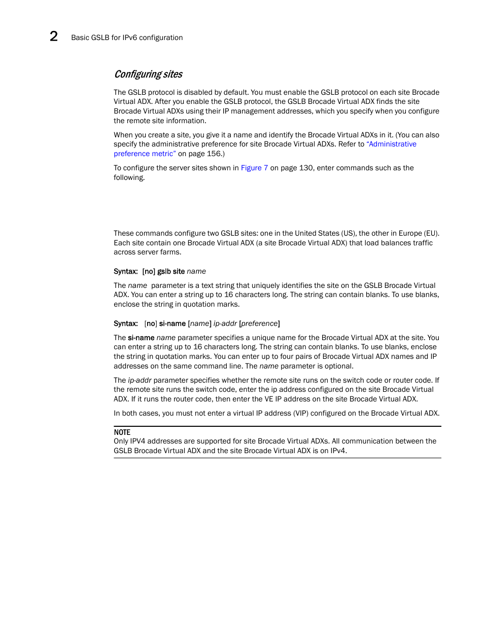 Configuring sites | Brocade Virtual ADX Global Server Load Balancing Guide (Supporting ADX v03.1.00) User Manual | Page 146 / 198