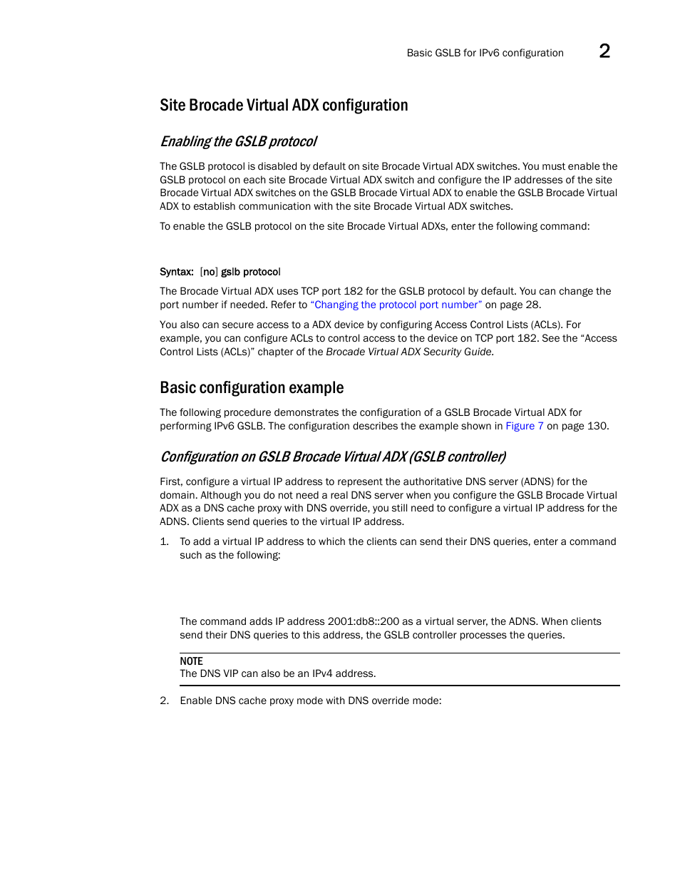 Site brocade virtual adx configuration, Basic configuration example, Enabling the gslb protocol | Brocade Virtual ADX Global Server Load Balancing Guide (Supporting ADX v03.1.00) User Manual | Page 147 / 198