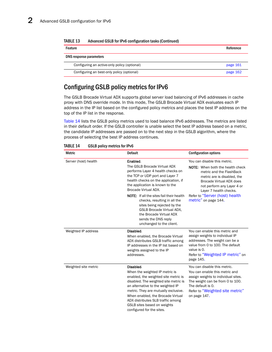 Configuring gslb policy metrics for ipv6, Configuring gslb, Policy metrics for ipv6 | Brocade Virtual ADX Global Server Load Balancing Guide (Supporting ADX v03.1.00) User Manual | Page 150 / 198