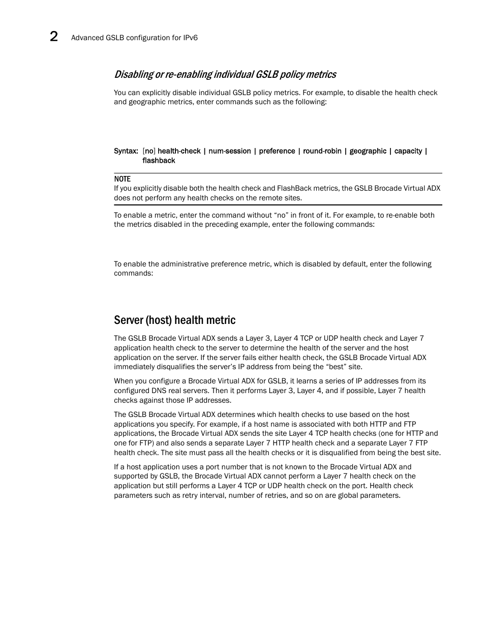 Server (host) health metric, Server (host) health, Metric | Brocade Virtual ADX Global Server Load Balancing Guide (Supporting ADX v03.1.00) User Manual | Page 154 / 198