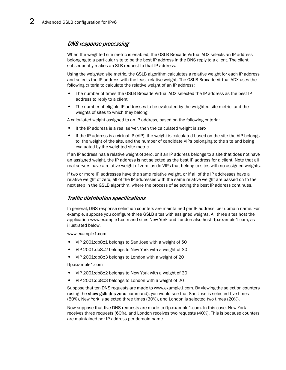 Dns response processing, Traffic distribution specifications | Brocade Virtual ADX Global Server Load Balancing Guide (Supporting ADX v03.1.00) User Manual | Page 158 / 198