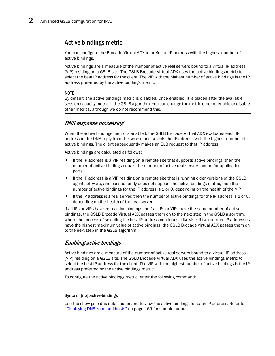 Active bindings metric, Dns response processing, Enabling active bindings | Brocade Virtual ADX Global Server Load Balancing Guide (Supporting ADX v03.1.00) User Manual | Page 160 / 198