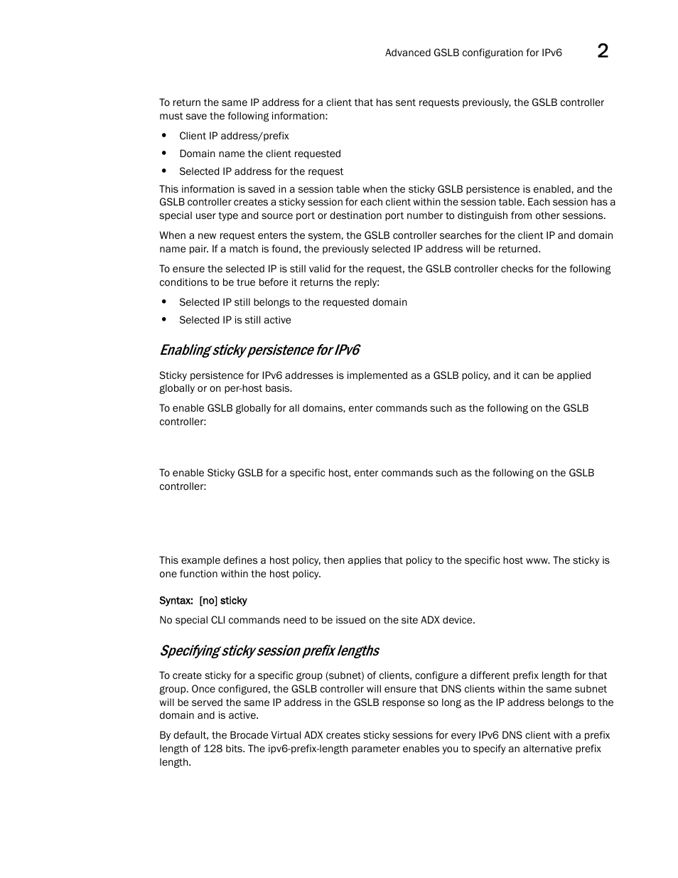 Enabling sticky persistence for ipv6, Specifying sticky session prefix lengths | Brocade Virtual ADX Global Server Load Balancing Guide (Supporting ADX v03.1.00) User Manual | Page 169 / 198