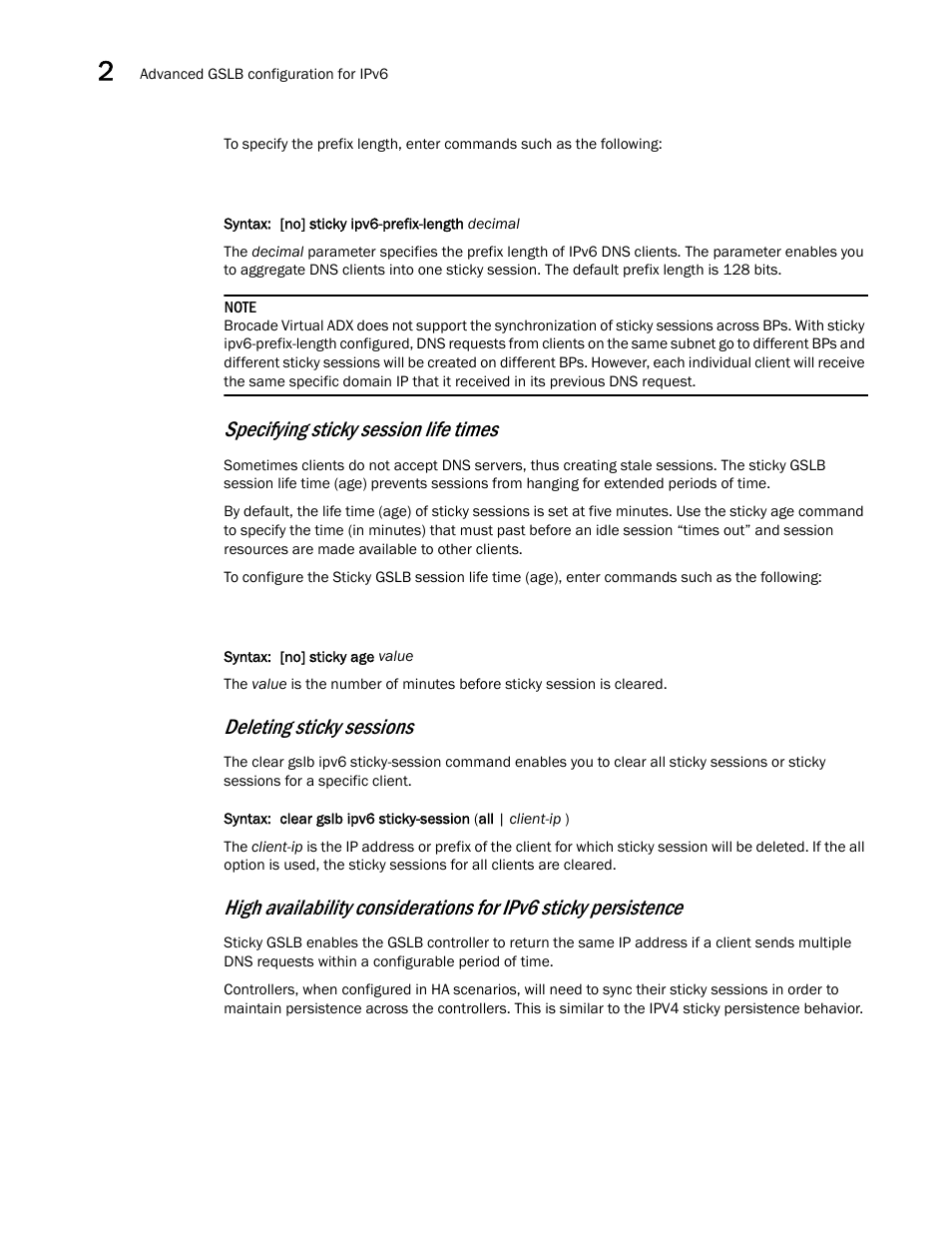 Specifying sticky session life times, Deleting sticky sessions | Brocade Virtual ADX Global Server Load Balancing Guide (Supporting ADX v03.1.00) User Manual | Page 170 / 198