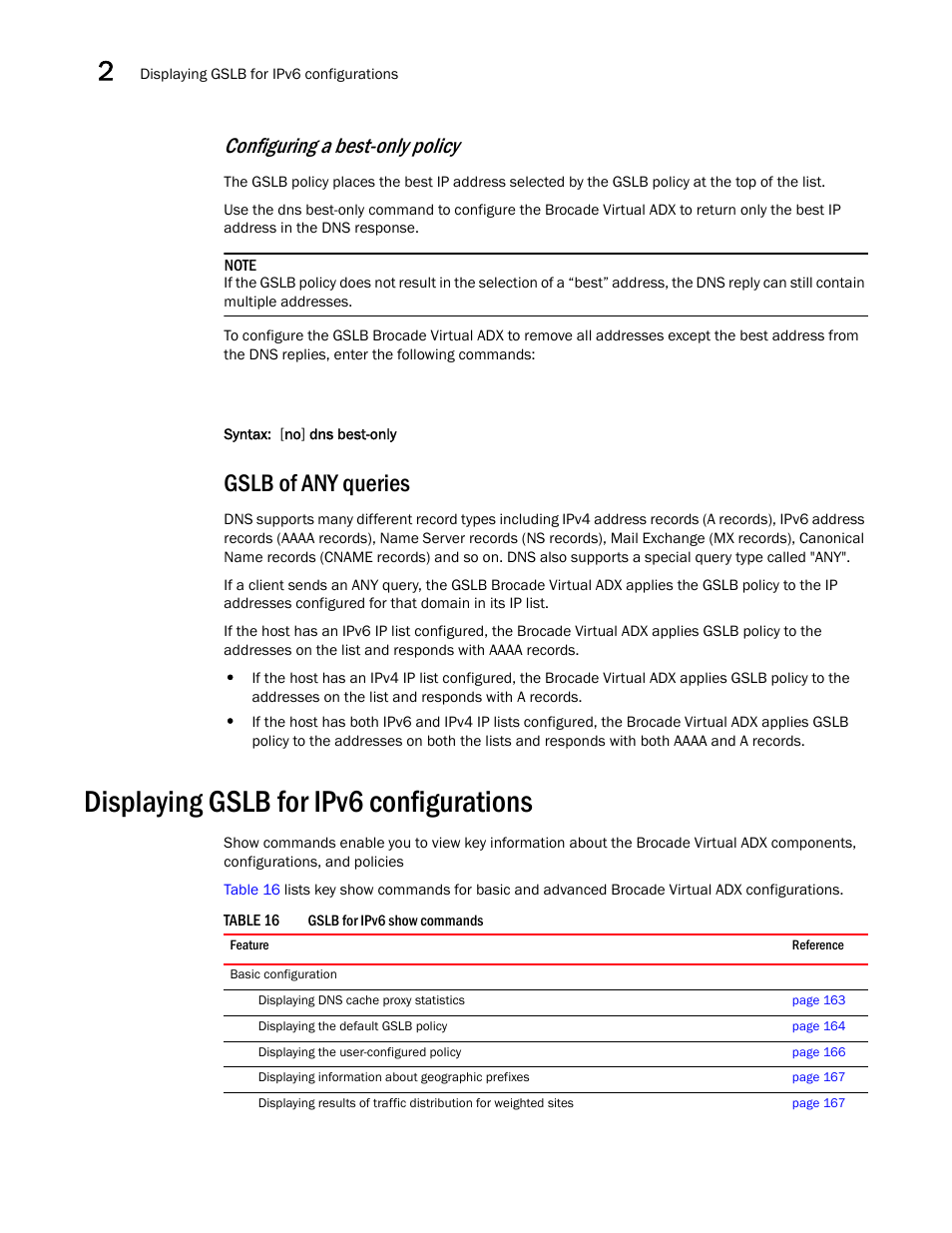 Gslb of any queries, Displaying gslb for ipv6 configurations, Configuring a best-only policy | Brocade Virtual ADX Global Server Load Balancing Guide (Supporting ADX v03.1.00) User Manual | Page 172 / 198