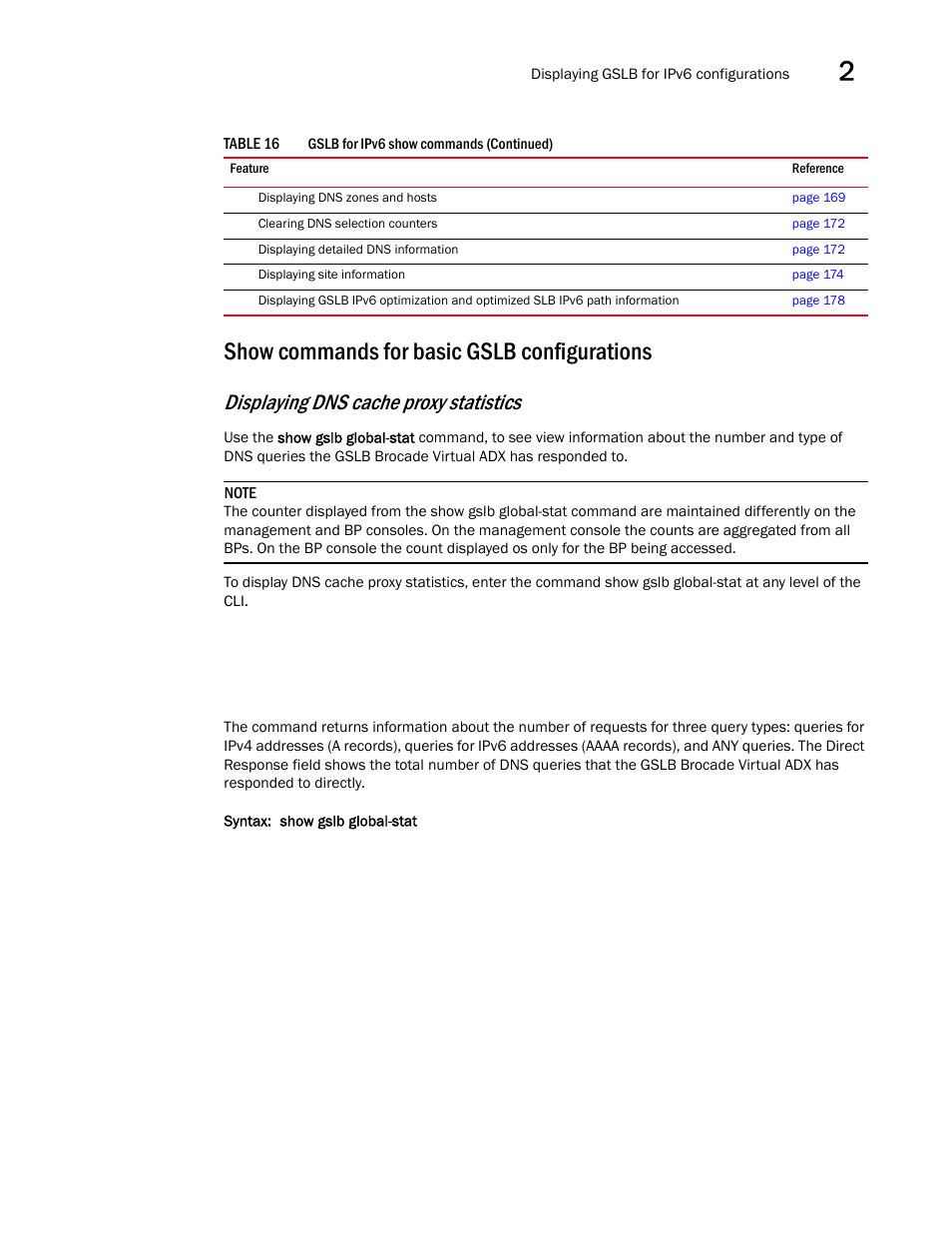 Show commands for basic gslb configurations, Displaying dns cache proxy statistics | Brocade Virtual ADX Global Server Load Balancing Guide (Supporting ADX v03.1.00) User Manual | Page 173 / 198