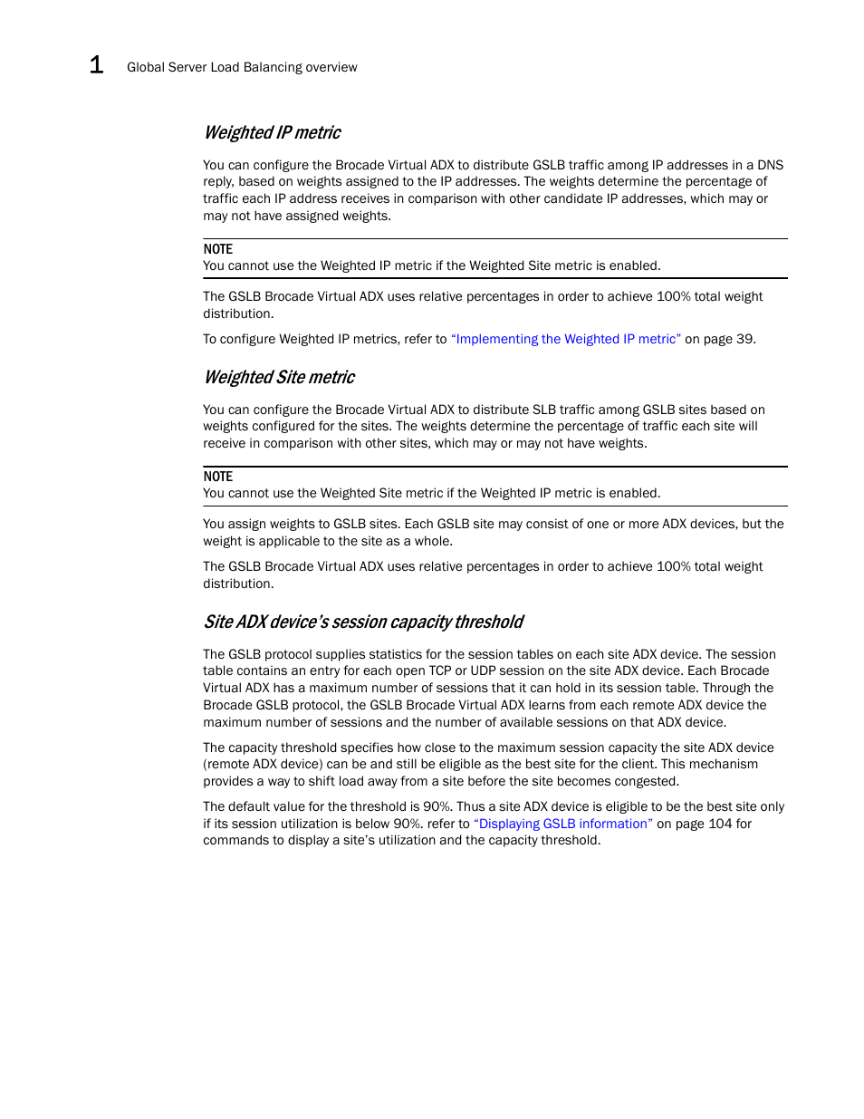 Weighted ip metric, Weighted site metric, Site adx device’s session capacity threshold | Brocade Virtual ADX Global Server Load Balancing Guide (Supporting ADX v03.1.00) User Manual | Page 18 / 198