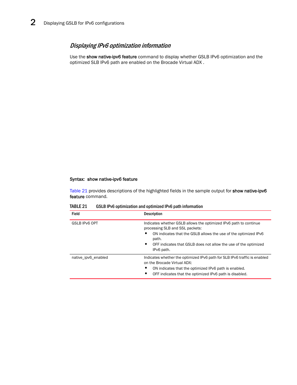 Displaying ipv6 optimization information | Brocade Virtual ADX Global Server Load Balancing Guide (Supporting ADX v03.1.00) User Manual | Page 188 / 198