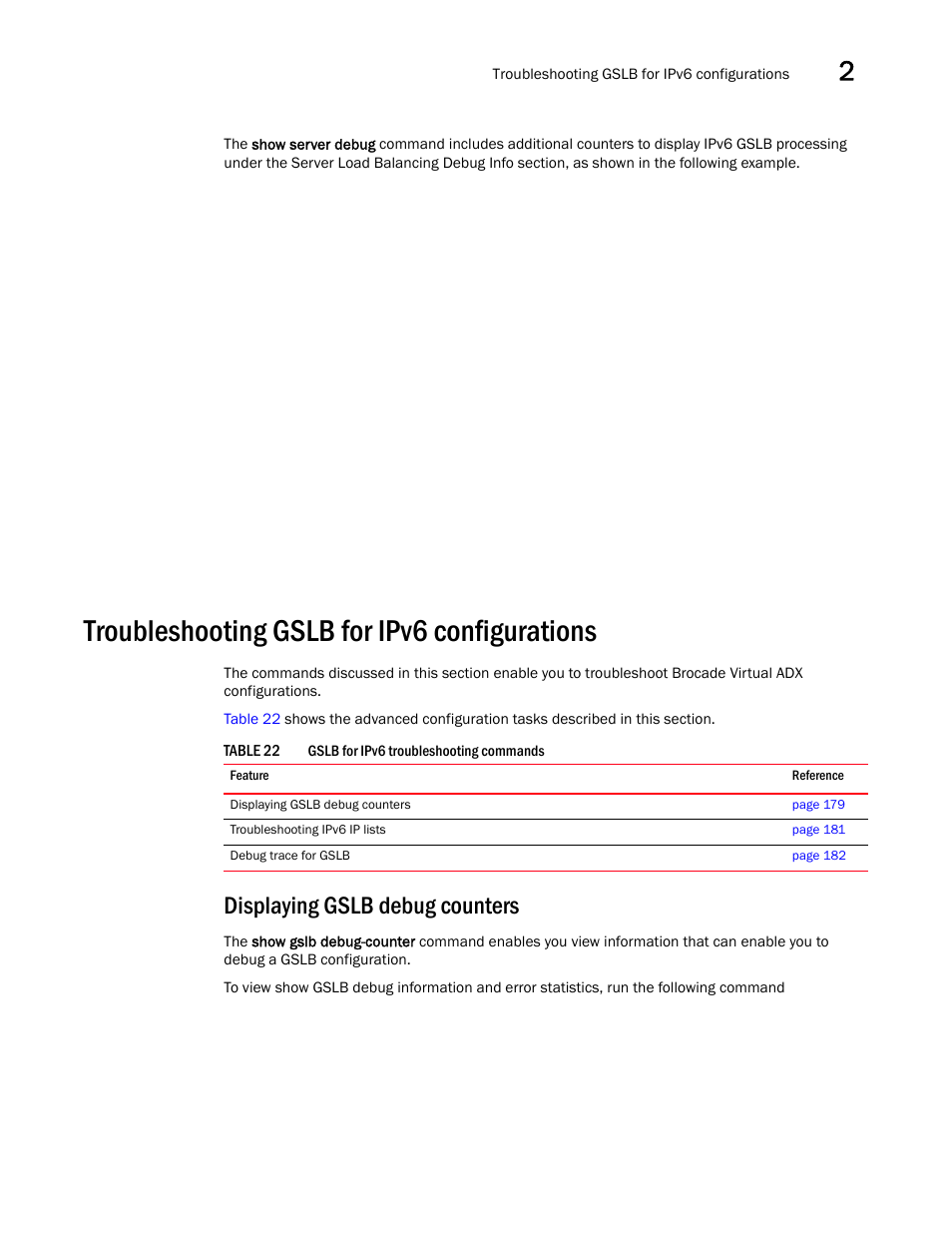 Troubleshooting gslb for ipv6 configurations, Displaying gslb debug counters | Brocade Virtual ADX Global Server Load Balancing Guide (Supporting ADX v03.1.00) User Manual | Page 189 / 198