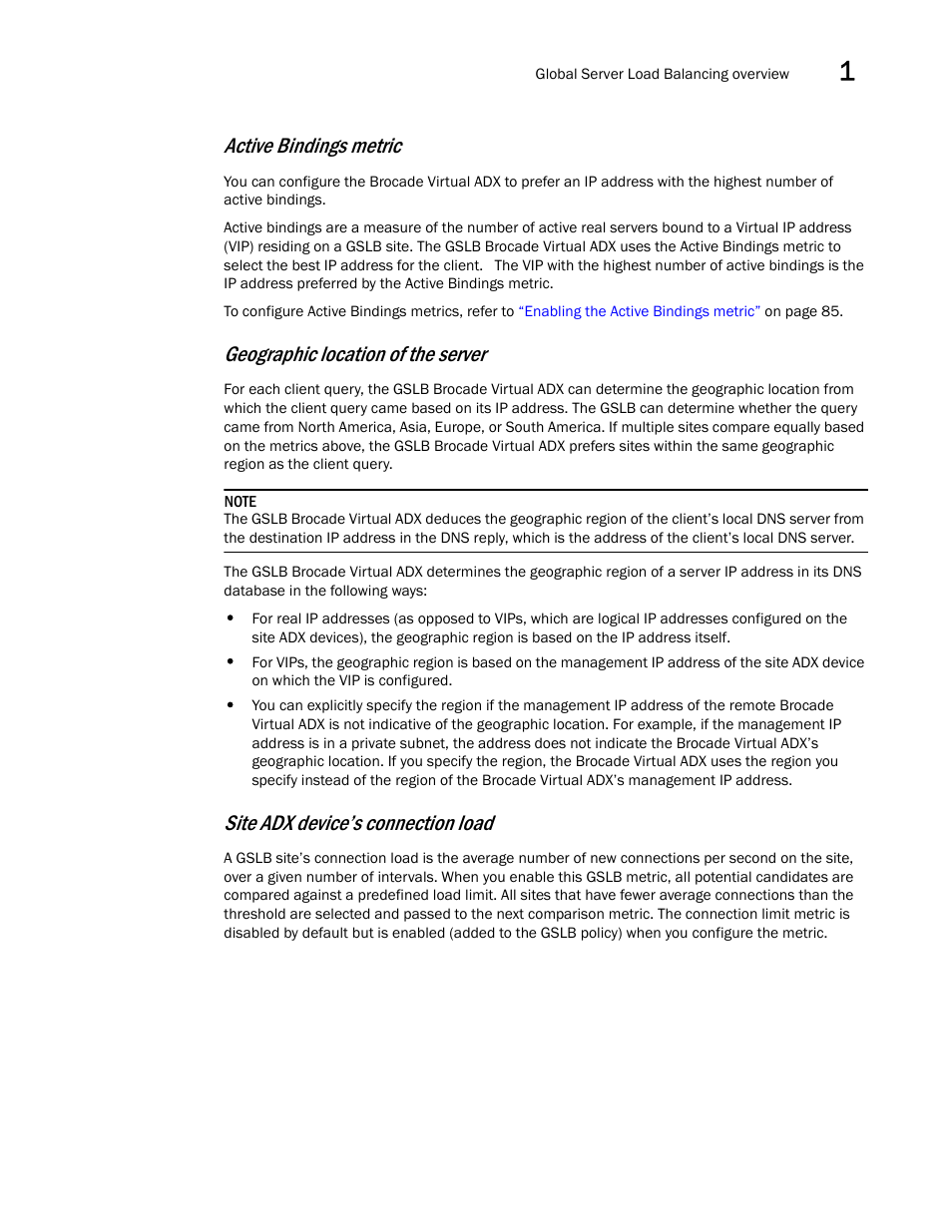 Active bindings metric, Geographic location of the server, Site adx device’s connection load | Brocade Virtual ADX Global Server Load Balancing Guide (Supporting ADX v03.1.00) User Manual | Page 19 / 198