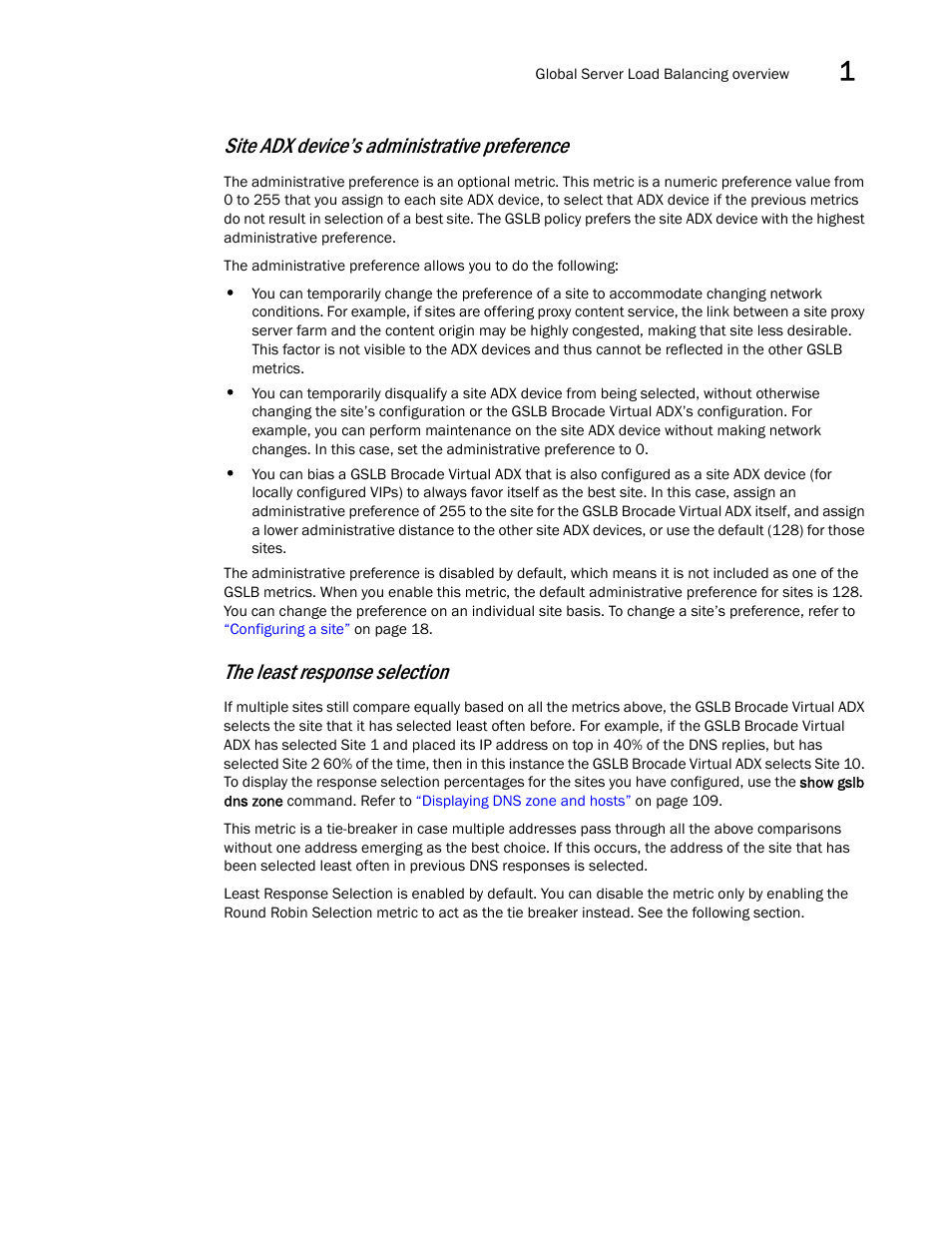 Site adx device’s administrative preference, The least response selection | Brocade Virtual ADX Global Server Load Balancing Guide (Supporting ADX v03.1.00) User Manual | Page 21 / 198