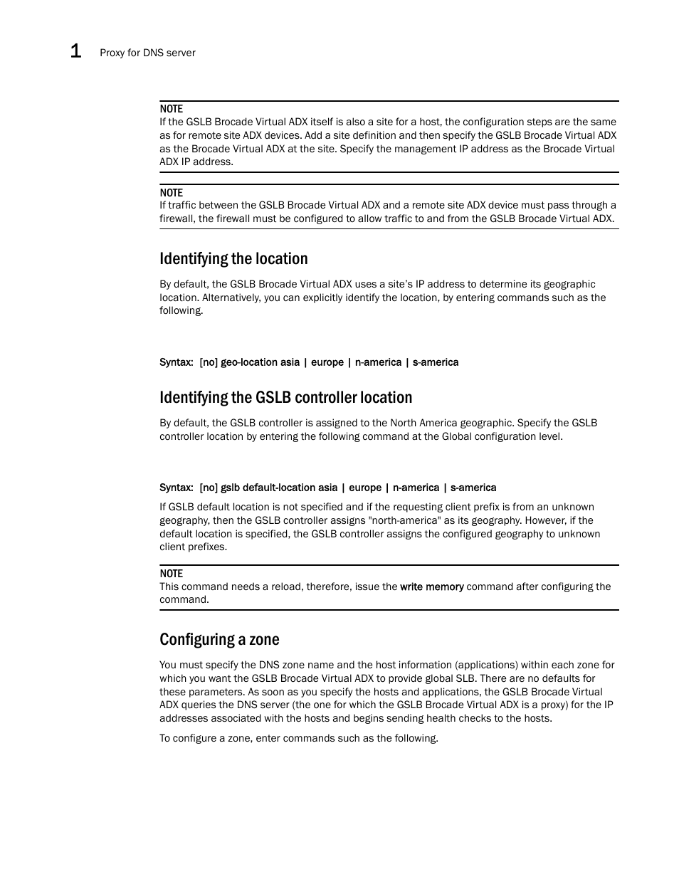 Identifying the location, Identifying the gslb controller location, Configuring a zone | Brocade Virtual ADX Global Server Load Balancing Guide (Supporting ADX v03.1.00) User Manual | Page 30 / 198