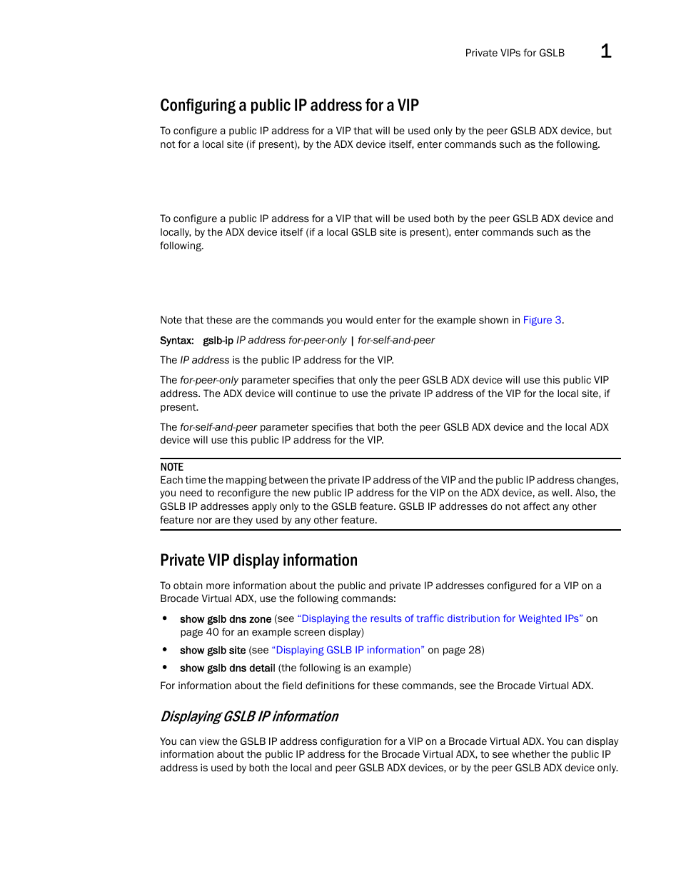 Configuring a public ip address for a vip, Private vip display information, Displaying gslb ip information | Brocade Virtual ADX Global Server Load Balancing Guide (Supporting ADX v03.1.00) User Manual | Page 37 / 198
