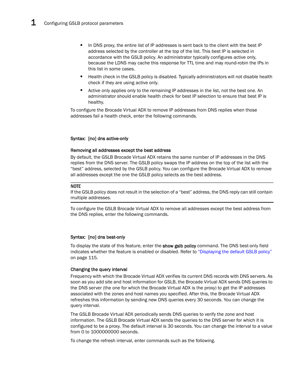 Removing all addresses except the best address, Changing the query interval | Brocade Virtual ADX Global Server Load Balancing Guide (Supporting ADX v03.1.00) User Manual | Page 40 / 198