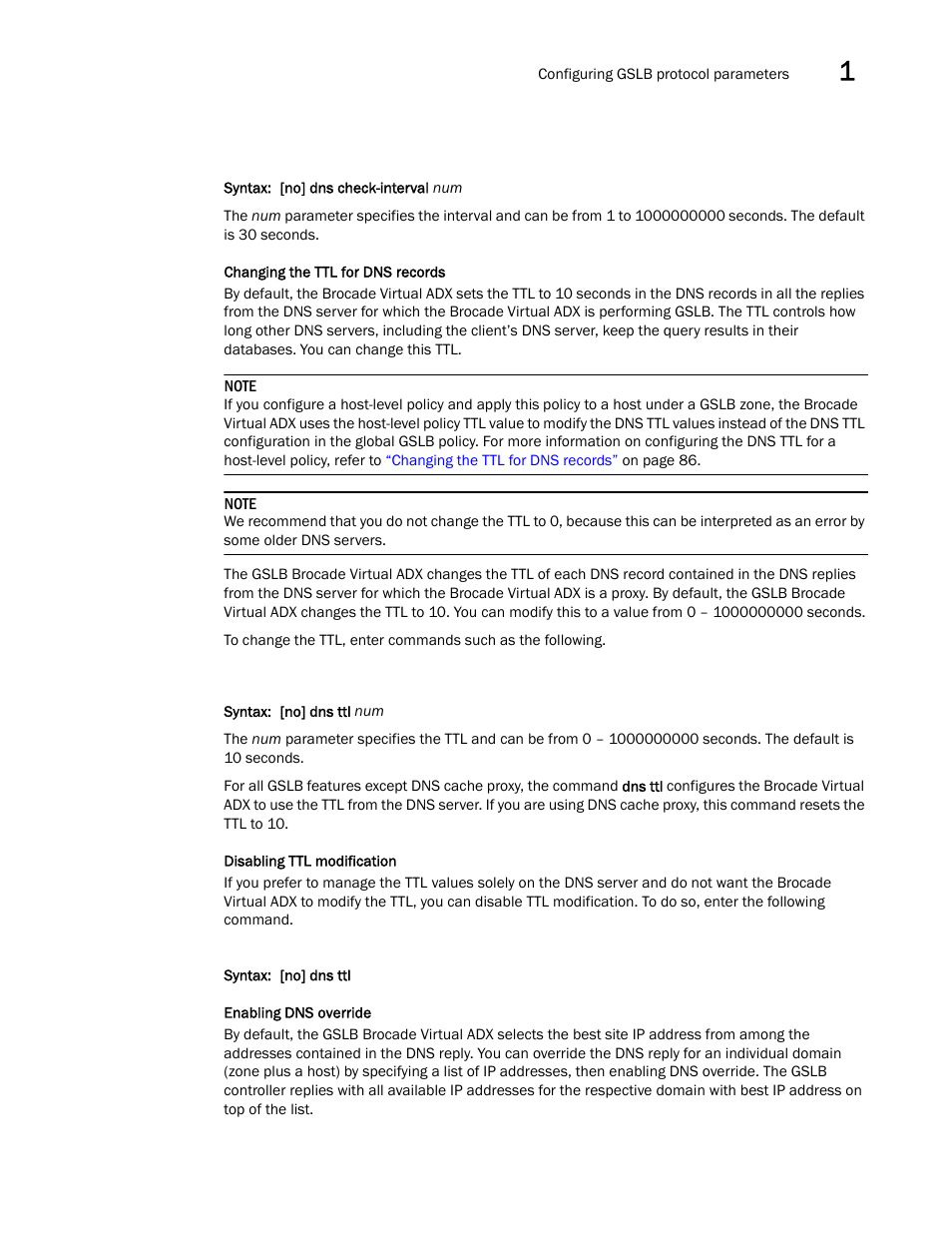 Changing the ttl for dns, Records, Disabling ttl modification | Enabling dns override | Brocade Virtual ADX Global Server Load Balancing Guide (Supporting ADX v03.1.00) User Manual | Page 41 / 198