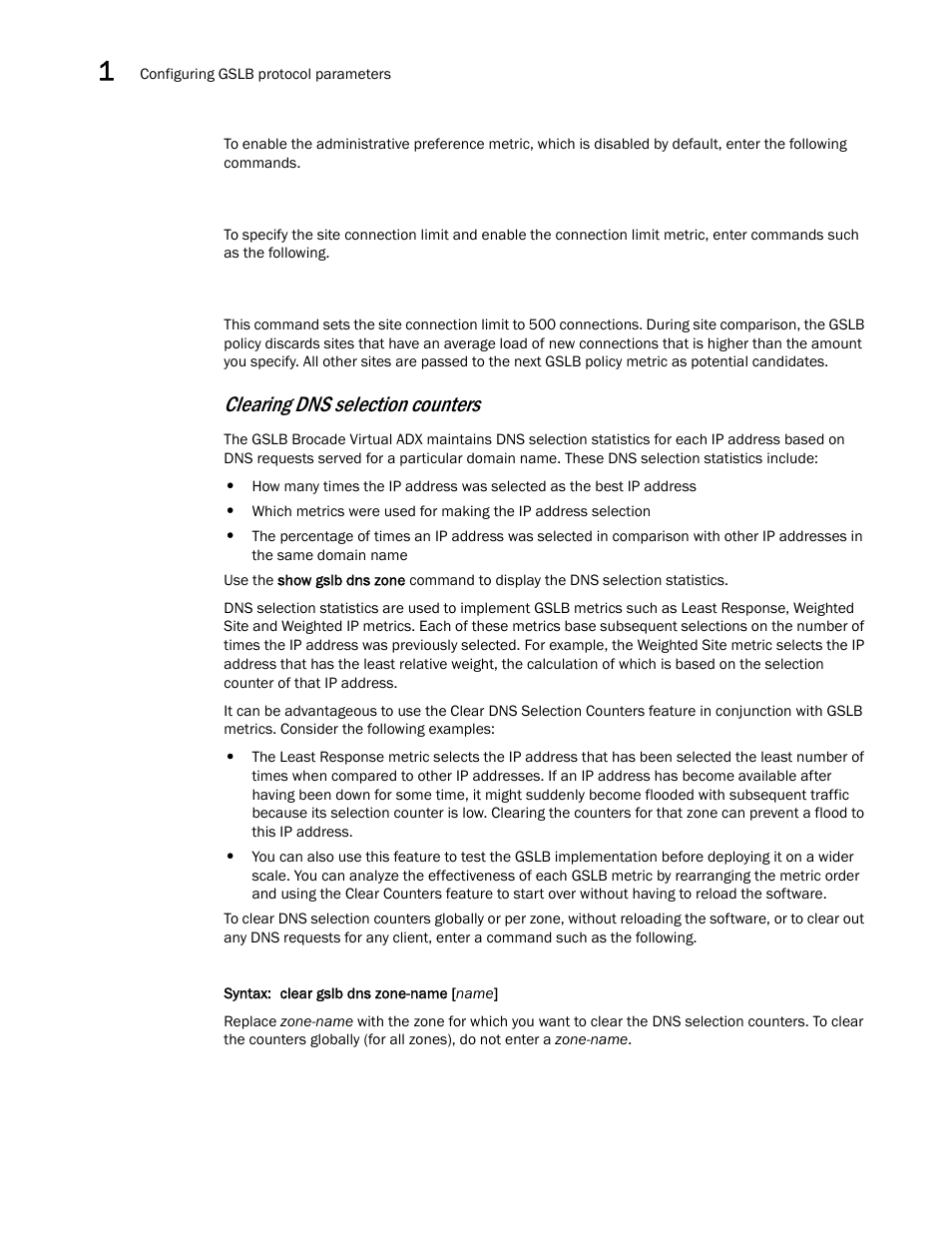 Clearing dns selection counters | Brocade Virtual ADX Global Server Load Balancing Guide (Supporting ADX v03.1.00) User Manual | Page 48 / 198