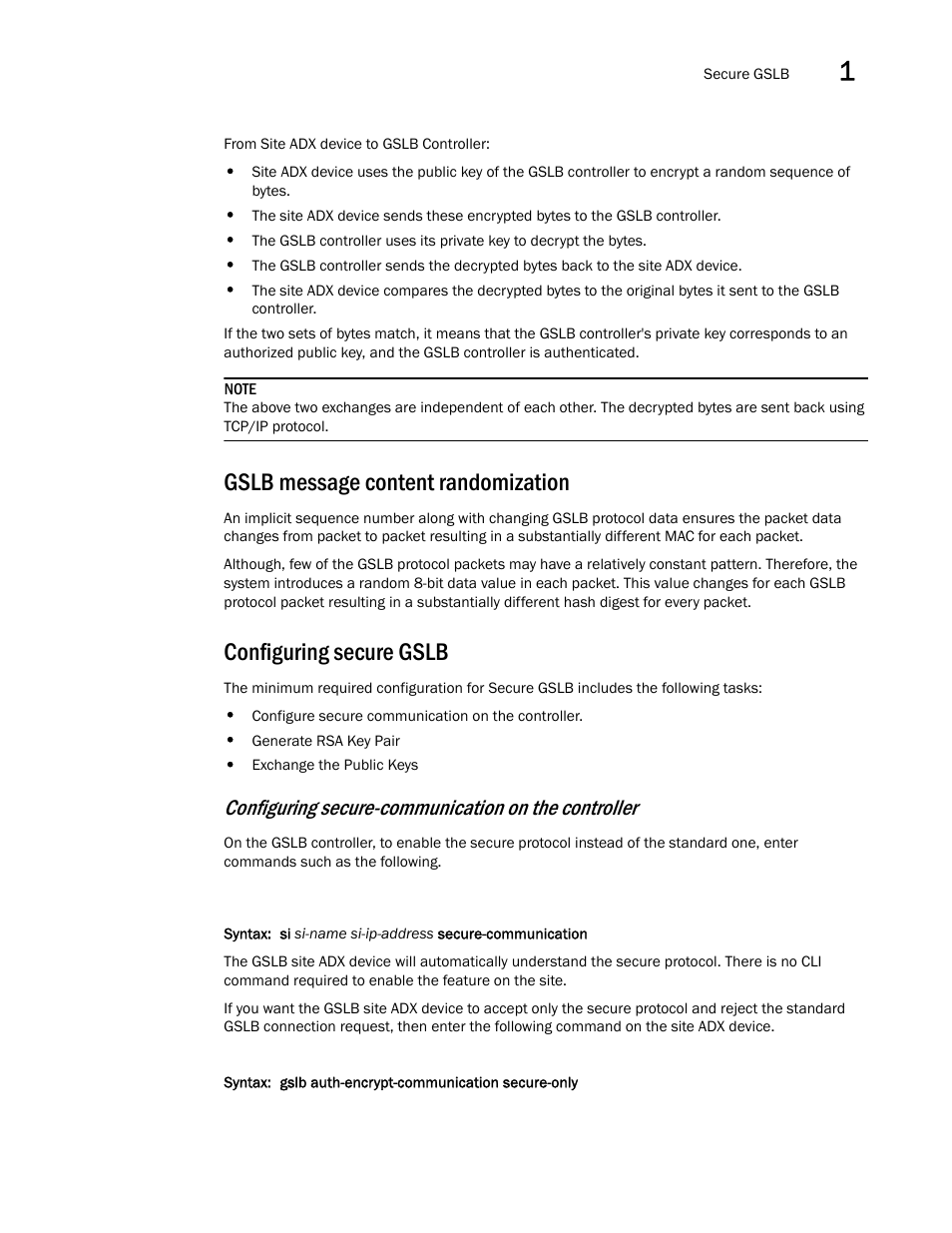 Gslb message content randomization, Configuring secure gslb, Configuring secure-communication on the controller | Brocade Virtual ADX Global Server Load Balancing Guide (Supporting ADX v03.1.00) User Manual | Page 63 / 198