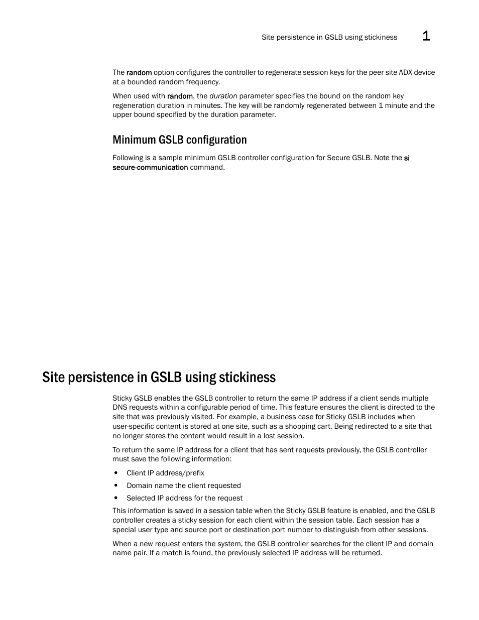 Minimum gslb configuration, Site persistence in gslb using stickiness | Brocade Virtual ADX Global Server Load Balancing Guide (Supporting ADX v03.1.00) User Manual | Page 69 / 198